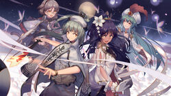  4girls bible_bullet black_hair blush brown_hair character_request chinese_commentary closed_mouth commentary_request daode_tianzun_(bible_bullet) flower glasses gloves green_hair hair_flower hair_ornament hat highres holding holding_sword holding_weapon long_hair looking_at_another multiple_girls norizc orange_eyes parted_lips photoshop_(medium) ponytail short_hair smile sword turban vishnu_(bible_bullet) weapon white_gloves white_hat 