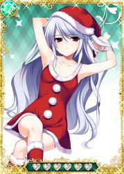  armpits boots bow card_(medium) christmas collarbone dress female grey_hair grisaia_(series) grisaia_no_kajitsu hands_in_hair hat kazami_kazuki long_hair looking_at_viewer purple_eyes red_bow red_dress red_hat santa_boots santa_hat solo 