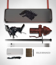  arrow_(projectile) bow_(weapon) case commentary dagger english_commentary fire_hydrant highres knife lin+ no_humans notebook pen pixiv_fantasia pixiv_fantasia_fallen_kings reference_sheet sword weapon weapon_focus 