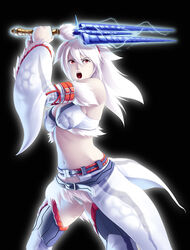  armor belt breasts capcom cleavage deep_rising electricity female female fur_trim hairband horn kirin_(armor) long_hair monster_hunter monster_hunter_4 open_mouth panties red_eyes shoulders solo sword thor_(deep_rising) underwear weapon white_hair white_panties 