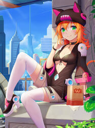  absurdres animal_ears animal_hat bikini bikini_top_only blue_sky blush bracelet brand_name_imitation breasts building cat_ears cat_hat cat_tail city cleavage collar collarbone commentary day female green_eyes hat high_heels highres jewelry leaf long_hair looking_at_viewer medium_breasts orange_hair original revision shorts sitting sky skyscraper smile solo sonikey0_0 swimsuit symbol-only_commentary tail thighhighs 