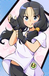  artist_name belt_bra bike_shorts black_hair blue_eyes blush commentary dragon_ball dragon_ball_z female fingerless_gloves gloves highres long_hair looking_at_viewer lyn_(shunao) protected_link shirt simple_background smile solo twintails videl 