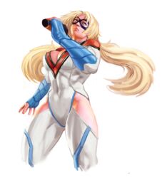  adapted_costume blonde_hair blue_eyes bodysuit boots breasts cleavage cleavage_cutout clothing_cutout commentary cosplay covered_navel cropped_legs dc_comics diepod domino_mask english_commentary female fingerless_gloves gloves injustice:_gods_among_us large_breasts leotard long_hair mask microphone power_girl power_girl_(cosplay) rainbow_mika shoulder_pads sleeved_leotard solo street_fighter superhero_costume superman_(series) thigh_boots thighhighs toned twintails very_long_hair white_background 