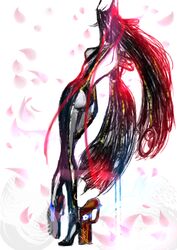  ass back_cutout backless_outfit bayonetta bayonetta_(series) black_hair blossomppg bodysuit breasts clothing_cutout female from_behind gun handgun highres long_hair long_legs medium_breasts petals pole pole_dancing solo stripper_pole very_long_hair weapon 