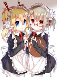  2girls alternate_costume apron blonde_hair blue_eyes bow breasts commentary_request cookie cowboy_shot enmaided eyelashes food frills glasses glowworm_(warship_girls_r) grey_hair hair_between_eyes hibiki_(warship_girls_r) holding holding_food lipstick long_sleeves looking_at_viewer maid maid_apron maid_headdress makeup multiple_girls necktie red-framed_eyewear red_eyes red_necktie red_ribbon ribbon semi-rimless_eyewear shade short_hair short_twintails small_breasts smile standing tengxiang_lingnai thighhighs tray twintails verniy_(warship_girls_r) warship_girls_r white_background white_bow white_legwear 