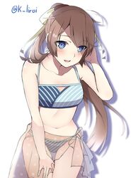  bikini blue_eyes breasts brown_hair commentary_request female hair_ribbon highres kagari_liroi kantai_collection kazagumo_(kancolle) kazagumo_(swimsuit_mode)_(kancolle) light_blush long_hair looking_at_viewer navel open_mouth ponytail ribbon sarong simple_background small_breasts solo swimsuit twitter_username white_background 