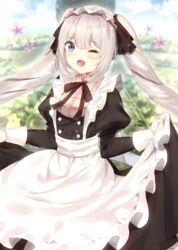  7_calpis_7 ;d alternate_costume apron black_dress black_ribbon blue_eyes bow bowtie commentary_request cowboy_shot dress enmaided fate/grand_order fate_(series) female flower frilled_apron frills hair_ribbon highres long_hair looking_at_viewer maid maid_headdress marie_antoinette_(animejapan_2016)_(fate) marie_antoinette_(fate) official_alternate_costume one_eye_closed open_mouth ribbon signature skirt_hold smile solo twintails white_apron white_hair 