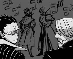  4boys armor artist_request beard black_hair coat demiurge demon ear_piercing facing_another gauntlets glasses gloves goat greaves hat helmet horns monochrome moustache overlord_(maruyama) pinstripe_suit sebas_tian shoulder_armor simple_background sweat touch_me translation_request ulbert_alain_odle 