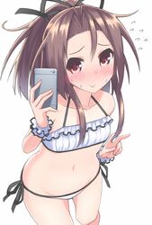  :&gt; alternate_costume bare_shoulders bikini blush breasts brown_eyes brown_hair cellphone collarbone commentary_request crop_top embarrassed female flying_sweatdrops from_above hair_between_eyes halterneck kantai_collection looking_at_viewer navel phone ponytail s_ibane selfie side-tie_bikini_bottom small_breasts smartphone smile solo stomach swimsuit v white_bikini zuihou_(kancolle) 