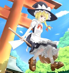  blonde_hair bluekalmia braid broom commentary_request female hat kirisame_marisa ribbon short_hair shrine smile solo torii touhou witch_hat 