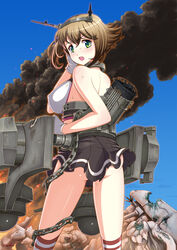  bare_shoulders breasts brown_hair commentary_request female gloves green_eyes headgear highres kantai_collection large_breasts miniskirt mutsu_(kancolle) number10_(hagakure) photoshop_(medium) short_hair skirt solo 