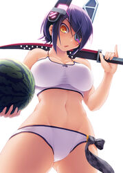  ass_visible_through_thighs bikini breasts commentary_request eyepatch female food from_below fruit headgear holding holding_sword holding_weapon kantai_collection left-handed looking_at_viewer looking_down official_alternate_costume open_mouth over_shoulder photoshop_(medium) pinky_out purple_hair school_uniform short_hair simple_background solo swimsuit sword syacyo tenryuu_(kancolle) tenryuu_(swimsuit_mode)_(kancolle) watermelon weapon weapon_over_shoulder white_background white_bikini yellow_eyes 