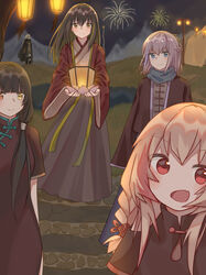  5girls absurdres aerial_fireworks alternate_costume anti-rain_(girls&#039;_frontline) black_hair blonde_hair blue_eyes blush braid brown_eyes china_dress chinese_clothes chinese_commentary chinese_new_year closed_mouth commentary_request dress eyepatch eyes_visible_through_hair fireworks flower girls&#039;_frontline green_hair hair_between_eyes hanfu heterochromia highres lantern long_hair looking_at_viewer lotus m16a1_(boss)_(girls&#039;_frontline) m16a1_(girls&#039;_frontline) m4_sopmod_ii_(girls&#039;_frontline) m4a1_(girls&#039;_frontline) mountain multicolored_hair multiple_girls nashigo_hiroshi oerba_yun_fang open_mouth orange_eyes paper_lantern pink_hair purple_hair red_eyes red_hair ro635_(girls&#039;_frontline) scarf side_braid sidelocks skirt smile st_ar-15_(girls&#039;_frontline) streaked_hair white_hair wide_sleeves yellow_eyes 