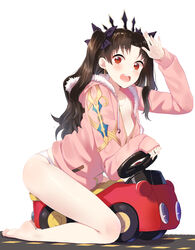  bad_id bad_pixiv_id barefoot black_hair blush breasts earrings fate/grand_order fate_(series) female fur_trim furururu hair_ribbon highres hood hoodie hoop_earrings ishtar_(fate) ishtar_(swimsuit_rider)_(fate) jewelry long_hair long_legs looking_at_viewer medium_breasts open_mouth panties red_eyes ribbon road round_teeth sitting smile solo straddling teeth toy_car two_side_up underwear white_background 