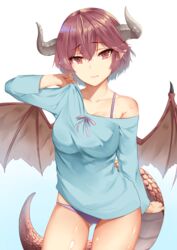  3: absurdres adjusting_clothes arm_at_side ass_visible_through_thighs blue_background blue_shirt blush bra bra_strap breasts closed_mouth collarbone commentary cowboy_shot dragon_girl dragon_horns dragon_tail dragon_wings female frown gradient_background grea_(shingeki_no_bahamut) hair_between_eyes highres horns long_sleeves manaria_friends medium_breasts mengo no_pants off_shoulder panties pantyshot purple_bra purple_hair purple_panties red_eyes scales shingeki_no_bahamut shirt single_bare_shoulder solo standing tail underwear white_background wings 