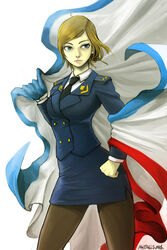  absurdres agito666 artist_name blonde_hair commentary_request crimean_flag female formal highres jacket military military_uniform natalia_poklonskaya necktie pantyhose pencil_skirt real_life skirt skirt_suit solo suit uniform 