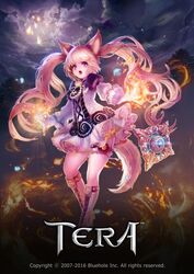  animal_ears artist_request bad_id bad_twitter_id blonde_hair boots cloud copyright_name dog_ears dress elin female fire gloves knee_boots long_hair magic night night_sky official_art open_mouth outstretched_arms purple_eyes short_dress sky solo sorcerer_(tera_online) tail tera_online tree twintails very_long_hair white_dress 