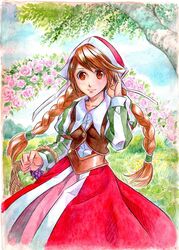  apple arch basket bonnet braid brown_hair coat commentary_request cordelia_(saga) cowboy_shot day dress female floral_arch flower food fruit grapes grass hand_in_own_hair hand_up head_scarf juliet_sleeves long_hair long_sleeves outdoors pink_flower pink_rose puffy_sleeves red_dress red_eyes rose saga saga_frontier_2 sio2_(nisankakeiso) sky smile solo striped swept_bangs traditional_media tree twin_braids vertical_stripes very_long_hair vest wing_collar 