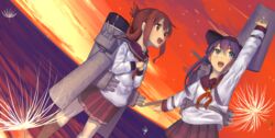  2girls akatsuki_(kancolle) anchor_symbol brown_eyes brown_hair commentary_request dandelion_seed flat_cap folded_ponytail hand_up hat inazuma_(kancolle) kantai_collection long_hair multiple_girls nanao_(aoyamahikari) neckerchief pleated_skirt purple_hair red_sky rigging school_uniform serafuku skirt sky 