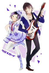  1boy bad_id bad_pixiv_id black_hair couple electric_guitar female green_eyes guitar hat instrument ioko jewelry mihama_kouji multicolored_hair necklace pretty_rhythm pretty_rhythm_rainbow_live pretty_series purple_hair smile straight suzuno_ito yellow_eyes 