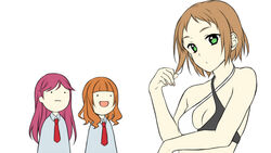  3girls :d a-rise bad_id bad_pixiv_id breasts brown_hair cleavage fuyu_rin green_eyes halterneck kira_tsubasa long_hair looking_at_viewer love_live! love_live!_school_idol_project medium_breasts multiple_girls necktie open_mouth red_hair red_necktie short_hair simple_background smile solo_focus todo_erena upper_body white_background yuki_anju 