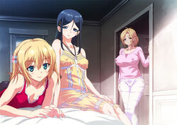  3girls aqua_eyes black_hair blonde_hair blue_eyes breasts covered_nipples dress indoors kamimura_akiko kamimura_chika kamimura_haruka kouzaka_kouhei looking_at_viewer lying mature_female mother_and_daughter multiple_girls official_art on_bed on_stomach photoshop_(medium) siblings sisters sisters_~natsu_no_saigo_no_hi~ sitting sleeveless smile sundress swept_bangs unbuttoned unbuttoned_shirt 