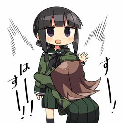  2girls black_hair braid brown_hair commentary_request female_pervert head_under_another&#039;s_clothes heavy_breathing hug kanikama kantai_collection kitakami_(kancolle) long_hair lowres multiple_girls ooi_(kancolle) open_mouth pervert purple_eyes school_uniform serafuku sound_effects_only translated under_another&#039;s_clothes yuri 