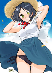  armpits ass_visible_through_thighs black_hair blouse blue_sky blush commentary_request female hat hayami_kanade highres idolmaster idolmaster_cinderella_girls long_skirt outdoors panties pantyshot shirt short_hair skirt sky solo sun_hat sweatdrop takuji_yuusaku underwear wind wind_lift yellow_eyes 