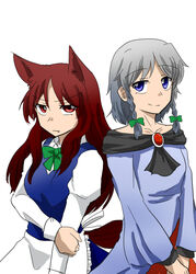  2girls animal_ears apron blue_eyes bow braid brooch brown_hair collarbone commentary_request cosplay costume_switch dress expressionless fang_out grey_hair hairbow holding_another&#039;s_arm imaizumi_kagerou imaizumi_kagerou_(cosplay) izayoi_sakuya izayoi_sakuya_(cosplay) jewelry juliet_sleeves layered_dress light_smile long_hair long_sleeves maid multiple_girls oerba_yun_fang puffy_sleeves red_eyes sento_(iroiro_gottani) shawl short_hair simple_background touhou twin_braids v_arms waist_apron white_background wolf_ears 