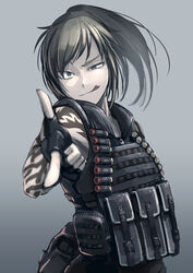  ;p ammunition blue_eyes blurry brown_hair buckle bulletproof_vest commentary_request depth_of_field female fingerless_gloves gloves hetza_(hellshock) load_bearing_vest looking_at_viewer one_eye_closed original pointing pointing_at_viewer pouch shotgun_shell snap-fit_buckle solo suzumi_(hetza) tattoo tongue tongue_out 