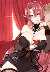  azur_lane bare_shoulders black_dress blush breasts cleavage closed_mouth collarbone commentary couch cup curtains detached_collar detached_sleeves dress drink drinking_glass duke_of_york_(azur_lane) duke_of_york_(eternal_night&#039;s_carola)_(azur_lane) esg_(essagna) female finger_to_mouth fingernails fishnet_thighhighs fishnets hair_between_eyes holding holding_cup large_breasts lens_flare long_fingernails long_hair long_sleeves nail_polish official_alternate_costume on_couch photoshop_(medium) pointy_ears purple_hair red_eyes red_nails smile solo straight_hair strapless strapless_dress thighhighs very_long_hair 