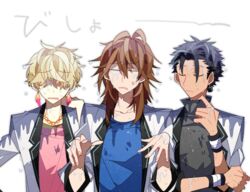  3boys =_= black_hair blonde_hair brown_hair closed_eyes dark-skinned_male dark_skin earrings feather_earrings feathers hair_over_eyes jacket jewelry kyo_(vocaloid) long_hair lowres male_focus multiple_boys necklace protected_link simple_background uoshi_(uoshi777) upper_body vocaloid wet white_background white_jacket wil_(vocaloid) wristband yuu_(vocaloid) zola_project 