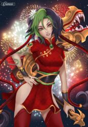  alternate_hair_color black_hair breasts china_dress chinese_clothes dress female firecracker_jinx fireworks green_eyes green_hair gumae hair_ornament jinx_(league_of_legends) league_of_legends lips long_hair multicolored_hair red_dress tattoo thighhighs twintails 