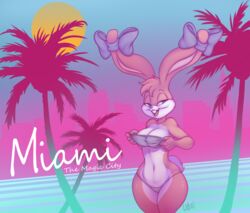  2018 80&#039;s_theme babs_bunny bikini blue_eyes buckteeth clothing female florida fur gunmouth lagomorph leporid looking_at_viewer mammal miami open_mouth palm_tree pink_body pink_fur pink_nose plant rabbit retro solo sun swimwear teeth tiny_toon_adventures tree undressing vaporwave warner_brothers 