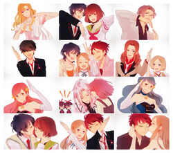  6+boys 6+girls absurdres blonde_hair blue_hair brown_hair commentary_request dress glasses heart heart_trace highres hood hoodie isora_hibari kissing kissing_cheek kurusu_awa lab_coat long_hair mawaru_penguindrum multiple_boys multiple_girls natsume_mario natsume_masako necktie oginome_momoka oginome_ringo pink_hair purple_eyes purple_hair red_hair school_uniform serafuku shirase_(mawaru_penguindrum) short_hair smile souya_(mawaru_penguindrum) standing tabuki_keiju takakura_himari takakura_kanba takakura_shouma tokikago_yuri utada_hikari v watase_sanetoshi 