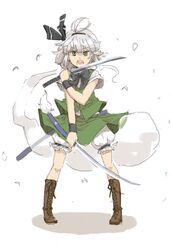  bad_id bad_pixiv_id black_hairband bloomers boots bow cherry_blossoms dress dual_wielding female green_eyes grey_hair hairband holding katana konpaku_youmu konpaku_youmu_(ghost) open_mouth petals shino_(r_shughart) short_hair solo sword touhou underwear weapon 