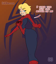  1girls ass ass_focus big_ass blonde_hair blue_eyes dialogue evil_raccoon female female_only fully_clothed gwen_stacy marvel marvel_comics medium_breasts short_hair solo spider-gwen spider-man spider-man_(series) superheroine thick tight_clothing 