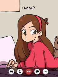  1girls before_sex breasts brown_hair clothed darkeros13 female female_only gravity_falls hairband imminent_sex laying_on_bed long_hair looking_away looking_back mabel_pines offscreen_character on_bed pillow solo stealth_sex stuffed_toy sweatdrop sweater teddy_bear thedarkeros video_call 