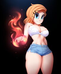  blonde_hair blue_eyes bra cassidy_(saymanart) cute female female_only jorts midriff saymanart solo solo_female tagme thick_thighs white_bra 