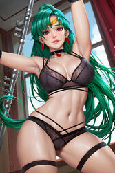  bishoujo_senshi_sailor_moon bra choker ear_piercing female_only garter green_hair lingerie long_hair looking_at_viewer neoartcore panties red_eyes sailor_pluto setsuna_meioh standing tagme 