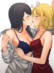  1_rt_de_nakawarui_nonke_joshi-tachi_ga_1-byou_kiss_suru 2girls arm_up bare_shoulders black_hair blonde_hair blue_bra bra breasts chemise cleavage closed_eyes commentary commentary_request couple earclip earrings eye_contact french_kiss from_side fukuroumori grey_shirt hair_behind_ear half-closed_eyes highres jewelry kabedon kissing large_breasts long_hair long_sleeves looking_at_another multiple_earrings multiple_girls off_shoulder profile shirt short_hair simple_background spaghetti_strap speech_bubble stud_earrings translated underwear undressing upper_body white_background yellow_eyes yuri 