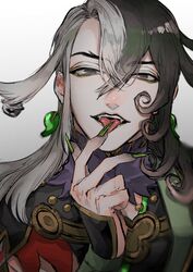  1boy absurdres ashiya_douman_(fate) asymmetrical_clothes asymmetrical_hair bell black_eyes black_hair close-up curly_hair earrings eyeshadow fate/grand_order fate_(series) fingernails green_eyeshadow green_kimono green_lips green_nails hair_bell hair_between_eyes hair_intakes hair_ornament highres japanese_clothes jewelry kimono licking licking_finger lipstick long_hair magatama magatama_earrings makeup male_focus multicolored_hair onmyouji open_clothes open_kimono oshiruko_(oshiruko0803) ribbed_sleeves sharp_fingernails solo split-color_hair toned toned_male tongue tongue_out two-tone_hair upper_body very_long_fingernails white_hair 