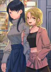  1_rt_de_nakawarui_nonke_joshi-tachi_ga_1-byou_kiss_suru 2girls :d arms_at_sides belt black_hair blonde_hair blue_eyes blue_skirt breasts brown_legwear choker closed_mouth commentary cowboy_shot earclip earrings fukuroumori grey_eyes grey_sweater hair_behind_ear hand_on_another&#039;s_arm highres jacket jewelry large_breasts long_hair long_sleeves looking_at_viewer midriff multiple_earrings multiple_girls navel open_clothes open_jacket outdoors pantyhose pantyhose_under_shorts pendant pink_jacket pink_shorts ribbed_sweater short_hair shorts side-by-side skirt smile storefront stud_earrings sweater turtleneck turtleneck_sweater walking 