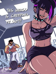  1boy abs bandaged_hand bandages barbell beard bike_shorts black_hair bracelet brand_name_imitation breasts camisole cleavage collar collarbone crop_top disgust double_bun english_text facial_hair female frown gym hair_bun hand_on_own_hip head_tilt headband highres jewelry juri_han large_breasts large_pectorals midriff muscular muscular_male pants pectorals purple_eyes purple_hair red_headband ryu_(street_fighter) seiza selfie short_shorts shorts sitting spiked_bracelet spiked_collar spikes street_fighter street_fighter_6 sweat tiktok tina_fate tongue tongue_out white_pants wiping_sweat 