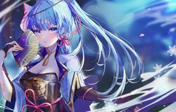  absurdres arm_guards armor armored_dress black_gloves blue_capelet blue_eyes blurry blurry_background breastplate breasts capelet cleavage female flower_knot folding_fan fox_mask genshin_impact gloves grey_hair hair_ribbon hand_fan hand_up highres holding holding_fan ice kamisato_ayaka kamisato_clan_(emblem) mask mask_on_head neck_tassel open_mouth partially_fingerless_gloves ponytail ribbon snowflakes solo tress_ribbon upper_body xiongshouji 