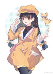  absurdres bag benyue_xiao_kui black_hair black_legwear bow braid brown_eyes buttons cardcaptor_sakura chinese_commentary commentary_request daidouji_tomoyo dotted_background feet_out_of_frame female hairbow hand_up handbag hat high_collar highres jacket kero_(cardcaptor_sakura) long_hair looking_at_viewer open_mouth pantyhose smile standing sunglasses twin_braids weibo_logo weibo_watermark white_background yellow_headwear yellow_jacket 