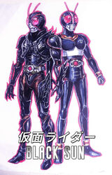  2boys antennae arm_blade armor bad_id bad_pixiv_id belt black_skin bug century_king_sun_driver claws clenched_hands colored_skin dual_persona fingernails garoshirou highres kamen_rider kamen_rider_black kamen_rider_black_(series) kamen_rider_black_sun kamen_rider_black_sun_(character) kingstone multiple_boys open_hands red_eyes rider_belt sharp_fingernails tokusatsu trait_connection weapon 