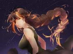  bare_shoulders braid breasts brown_hair clothes_around_waist eyepatch female girls&#039;_frontline glowing glowing_hair green_tank_top ice_s_s_z large_breasts long_hair looking_at_viewer m16a1_(girls&#039;_frontline) mole mole_under_eye multicolored_hair night night_sky orange_eyes orange_hair outdoors shooting_star single_braid sky solo star_(sky) starry_sky tank_top upper_body 