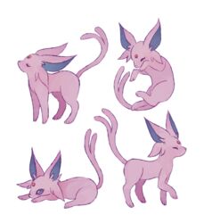  bad_id bad_tumblr_id charamells closed_eyes commentary english_commentary espeon full_body lying no_humans on_stomach pokemon pokemon_(creature) purple_eyes simple_background standing standing_on_three_legs white_background 