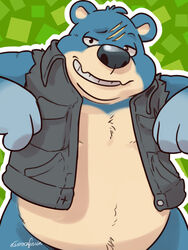  2016 3:4 animal_crossing anthro bear belly black_nose blue_body blue_fur eclipticafusion fur groucho_(animal_crossing) humanoid_hands male mammal nintendo overweight overweight_anthro overweight_male scar solo 